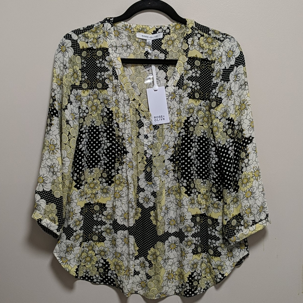 Rose & Olive, BEAUTIFUL women's yellow and black boho blouse. Small